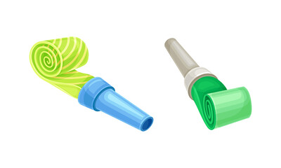 Bright party whistles set. Happy party, holiday celebration symbol cartoon vector illustration