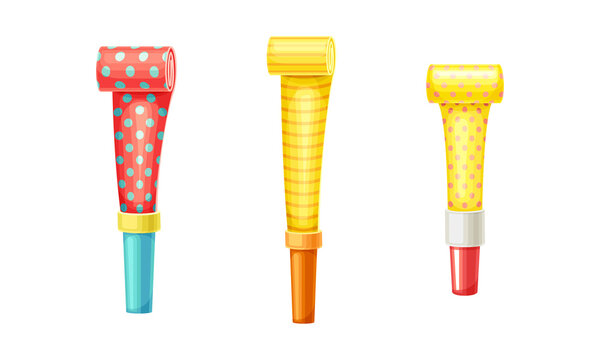 Bright party blowers set. Happy birthday party, holiday celebration symbols cartoon vector illustration