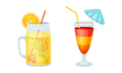 Tropical resort objects set. Exotic citrus cocktail glasses cartoon vector illustration