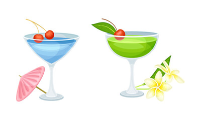 Set of exotic tropical cocktail glasses cartoon vector illustration