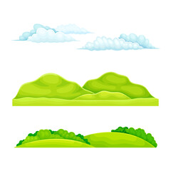 Summer landscape set. Field or meadow with green grass, hills and clouds cartoon vector illustration