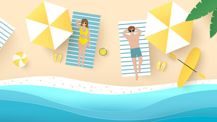 Summer time background. Couple young woman and man lying down sunbathe and beach with stuff for summer. Paper cut and craft style illustration. Top view