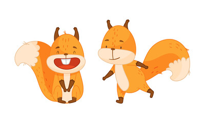 Cute red squirrel in different actions set. Happy funny emotional little forest animal cartoon vector illustration