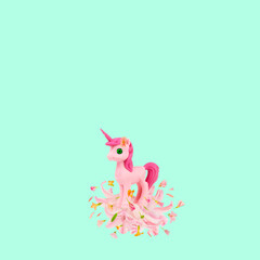Art floral beautiful unicorn toy with natural hyacinth flowers. Trendy colorful blooming abstract idea with fairy tale creature shape composition. Botany concept unicorns with blossoms