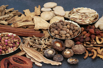 Traditional Chinese herbal plant medicine with herbs and spice ingredients used in natural holistic...