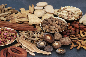 Traditional Chinese herbal plant medicine with herbs and spice ingredients used in natural holistic preventative and healing remedies.
Alternative medicinal treatment concept.