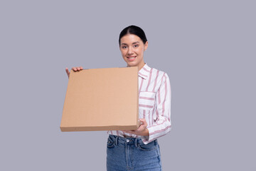 Girl Holding Pizza Box Isolated. Fast Food, Unhealthy food Concept. Pizza in Delivery Box