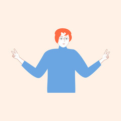 a man in a blue body shirt shows a sign of peace with his hand. Ukrainian man calls to save Ukraine and stop the war. portrait of a modern young man.