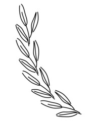Long branch with leaves. Olive branch. Fresh leaves. Simple, doodle, modern style. Nature summer. Silhouette.