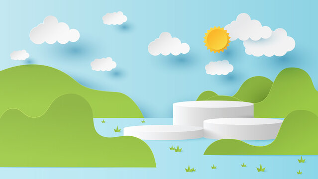 Nature landscape. Summertime with podium platform to show product. Vector illustration