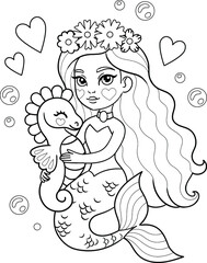 Little mermaid in flower wreath hugging a seahorse. Vector illustration for coloring page