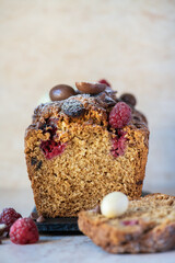 Easter cake with chocolates and raspberry. Close up.
