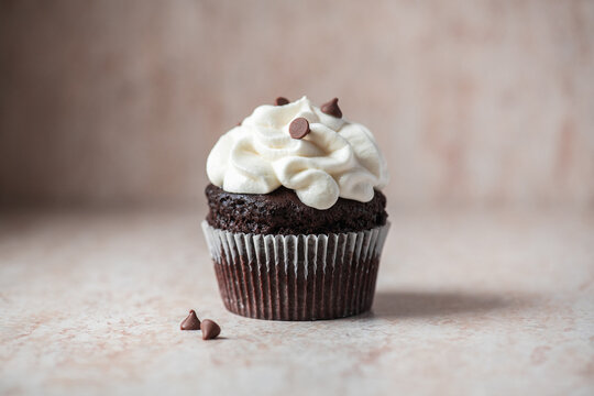 One rich chocolate cupcakes with whipped cream frosting and chocolate chips.