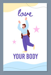 Love your body card or poster with cheerful plump woman flat vector illustration.