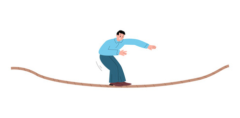 Frighten businessman balancing on tensed rope flat vector illustration isolated. © Kudryavtsev