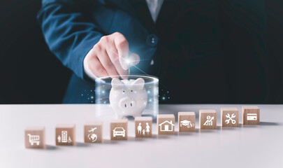 woman dropping coins into piggy bank To plan the use of money in the future such as buying a house, car, medical expenses, education, travel, maintenance, investment, shopping, credit card bills.