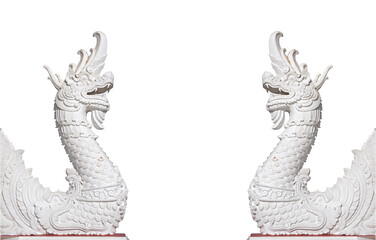 two white naga statue or dragon in Thailand, on white background