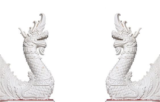 two white naga statue or dragon in Thailand, on white background