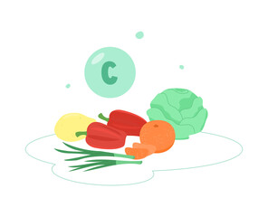 Rich in vitamin C food products - bell pepper, cabbage, oranges, lemon and green onion - flat vector illustration.