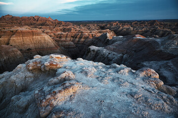 Scenic view of the cloudy sunset at rocky Badlands National Park, South Dakota