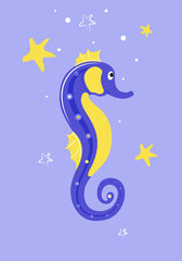 Seahorse flat style, yellow and purple colors. There are starfish all around.