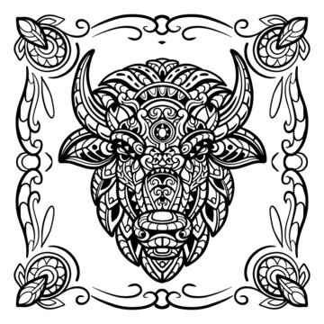 Hand drawn of Bison head zentangle arts  isolated on white background