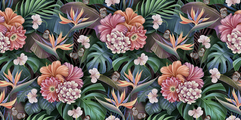 Tropical seamless pattern with exotic leaves, strelitzia flowers, hibiscus and plumeria. Vintage texture, floral background. Dark watercolor 3d illustration. For luxury wallpapers, tapestry, mural.  - 494032424