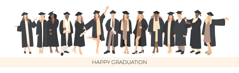 Group of joyful students, happy graduation. Poster, set. Vector