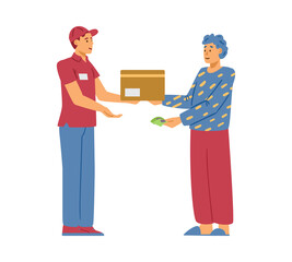 Woman receives parcel and pays in cash to delivery vector illustration isolated.