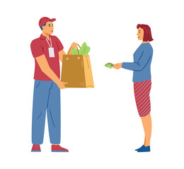 Client pays for food delivery to courier with cash vector illustration isolated.