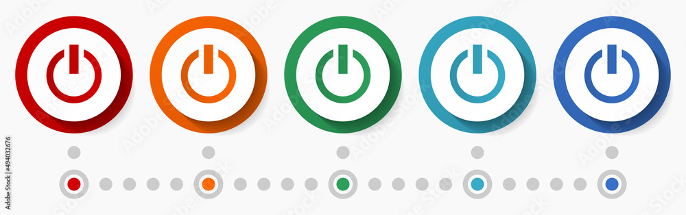 Aufkleber power concept vector icon set, flat design colorful buttons, infographic template in 5 color options