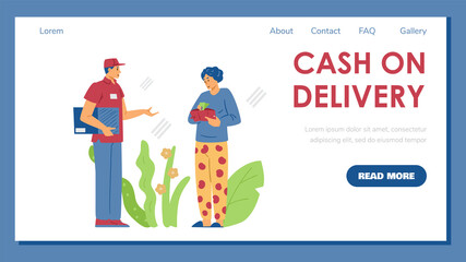 Cash on delivery banner with courier gets cash, flat vector illustration.