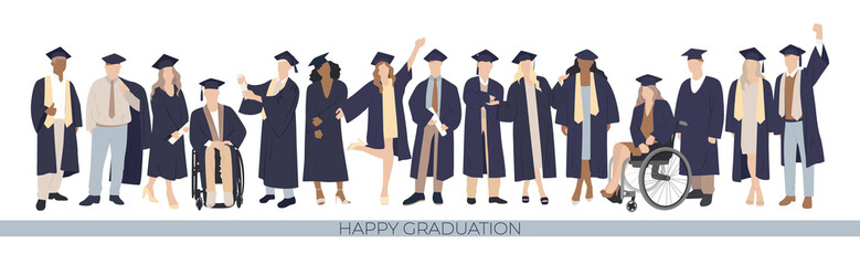 Group of joyful students, happy graduation. Students of different nationalities, physiques, disabled people. Vector