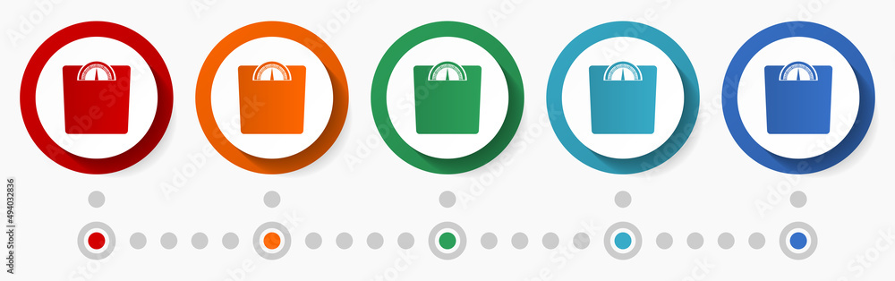 Aufkleber Weight, scale concept vector icon set, flat design colorful buttons, infographic template in 5 color options