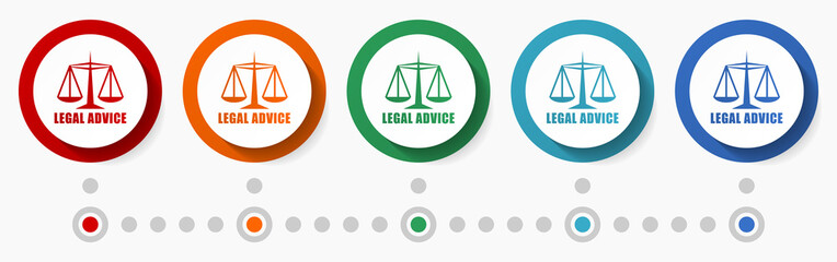 Legal advice, lawyer concept vector icon set, flat design colorful buttons, infographic template in 5 color options