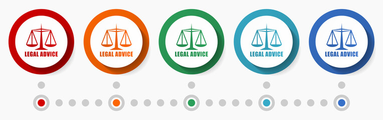 Legal advice, lawyer concept vector icon set, flat design colorful buttons, infographic template in 5 color options
