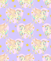 Winged horse with heart on background. Vector seamless pattern