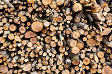 Pile of wooden firewood, background. A stack of logs.