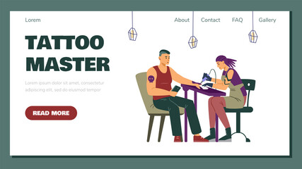 Tattoo master body art service website page template, flat vector illustration.