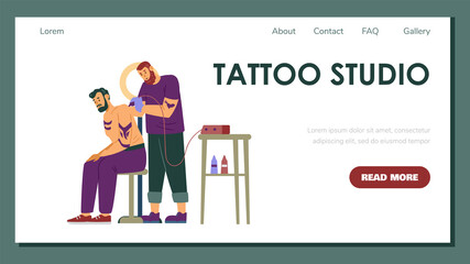 Tattoo body tattooing art studio web banner template, flat vector illustration.