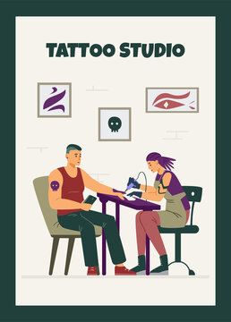 Female tattoo master creating design on clients hand, poster template, flat vector illustration.