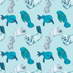 Seamless pattern with marine mammals.