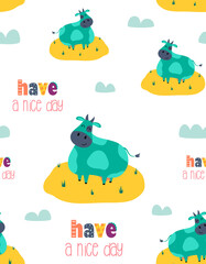 cartoon seamless pattern with cute funny cow