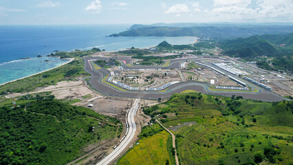 Aerial view of full track view of the mandalika circuit. The international mandalika circuit in Indonesia. Lombok, Indonesia, March 22, 2022