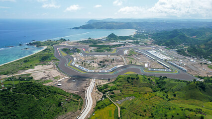 Aerial view of full track view of the mandalika circuit. The international mandalika circuit in...