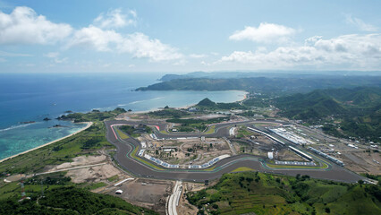 Aerial view of full track view of the mandalika circuit. The international mandalika circuit in...