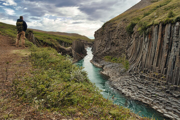 studlagil canyon in iceland, view at the river and the basalt columns