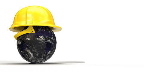 World earth planet wear yellow helmet safety engineer technical white isolate background copy space...