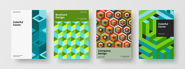 Abstract catalog cover A4 vector design concept set. Bright mosaic pattern leaflet layout composition.
