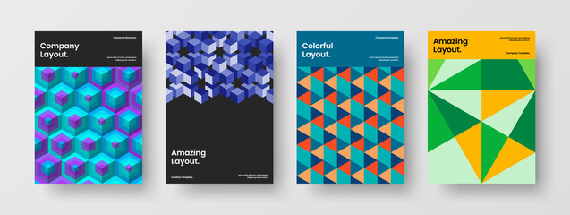 Vivid company brochure A4 design vector concept composition. Original mosaic tiles catalog cover layout collection.